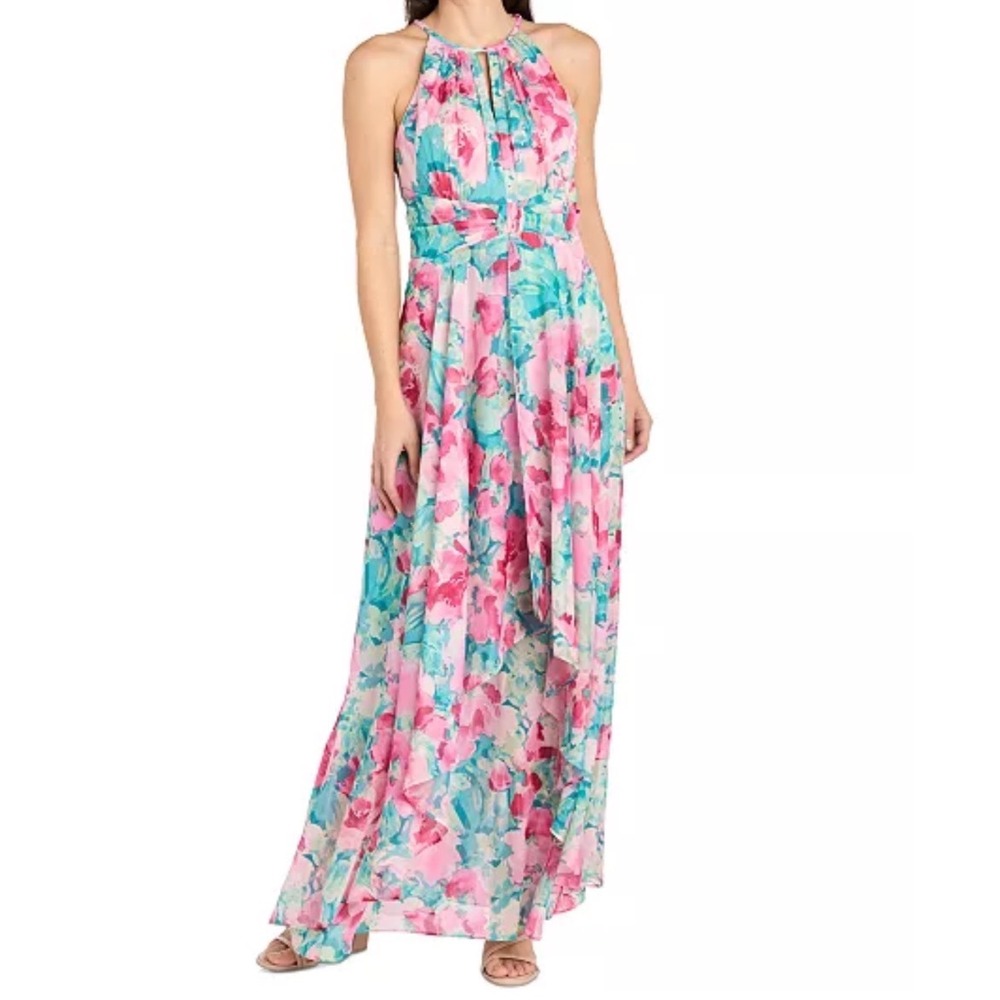 R&M Richards Maxi Dress Women 16 NWT Floral Halter Chiffon Gown MSRP $149